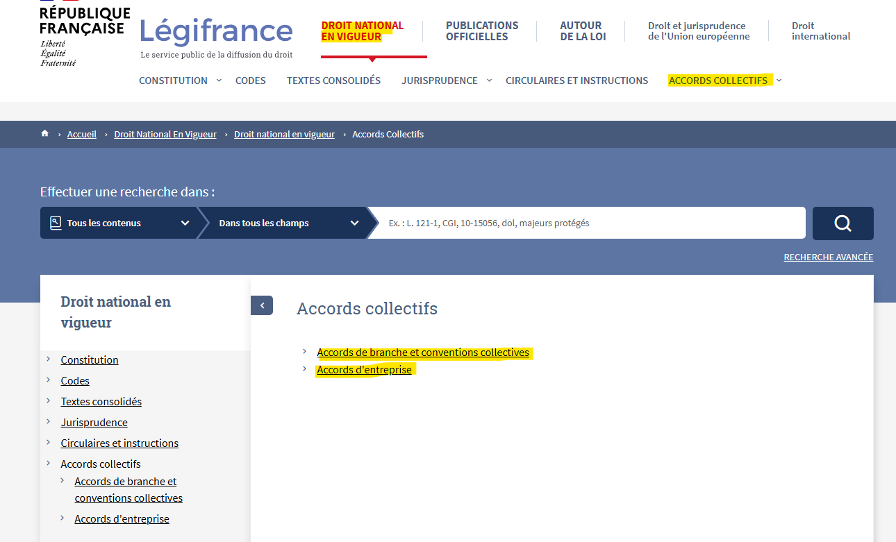 capture d’écran legifrance.gouv.fr, rubrique conventions collectives
