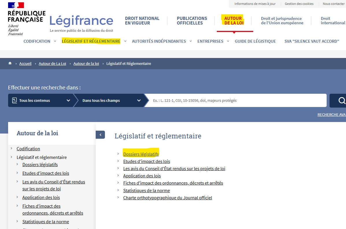 Capture d’écran du site legifrance.gouv.fr - dossiers législatifs