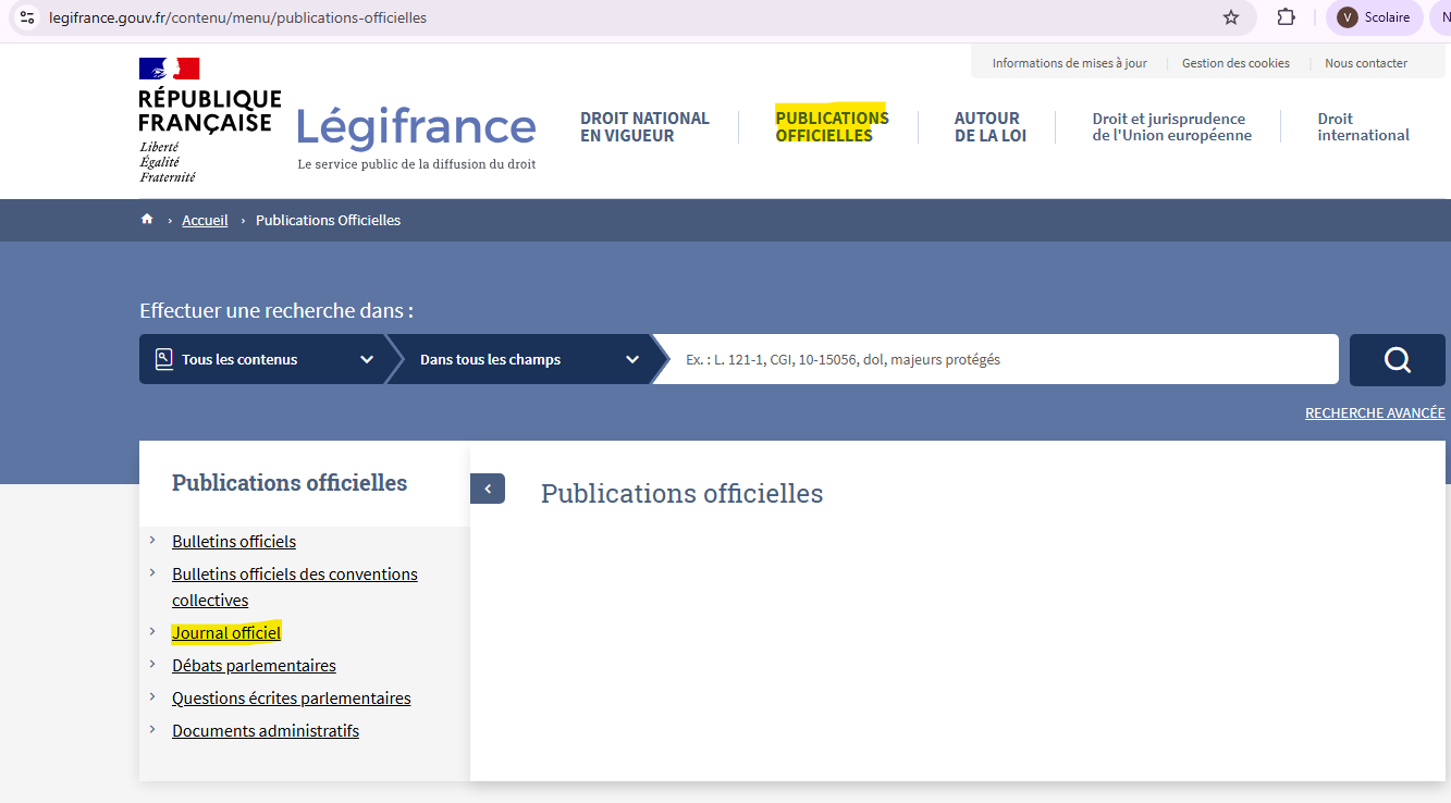 Capture d’écran du site legifrance.gouv.fr, accès au journal officiel